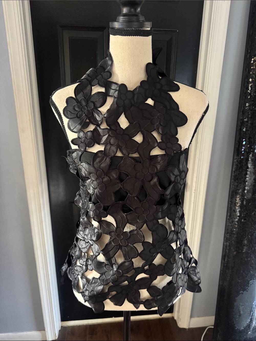 Black Floral Appliqué Halter Camisole
